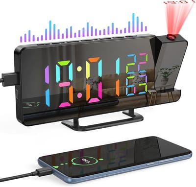 Digitale Radiowekker met Projectie 180°, FM Alarmklok met USB Projector, Dubbele Alarmfunctie, 12/24 Uur