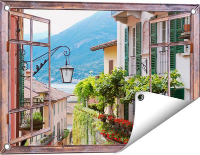 Gards Tuinposter Doorkijk Kleurijk Straatje in Italie - 60x40 cm - Tuindoek - Tuindecoratie - Wanddecoratie buiten - Tuinschilderij