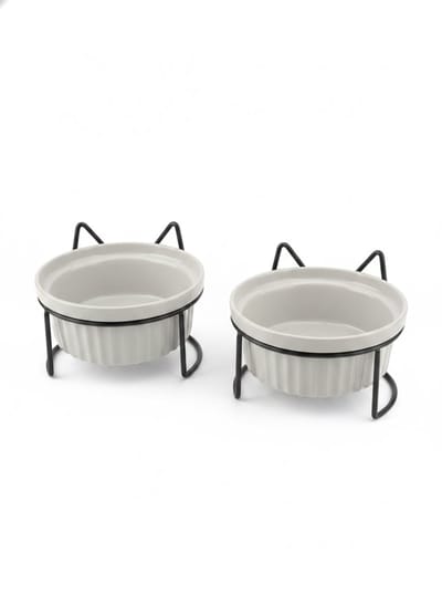 Verhoogde Voerbak voor Honden en Katten - Set van 2 op Standaard - Keramische Eetbak en Drinkbak voor een Betere Houding - Design Voerbakjes voor Hond en Kat - Makkelijk Schoon te Maken - animalking Voerbak - Grijs