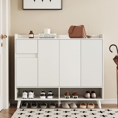 Pugsdrly Moderne buffetkast, ladekast, schoenenkast met veel opbergruimte, 4 deuren en 1 lade met een verstelbare plank voor de eetkamer, woonkamer of keuken, wit, afmetingen: 120*99*35 cm