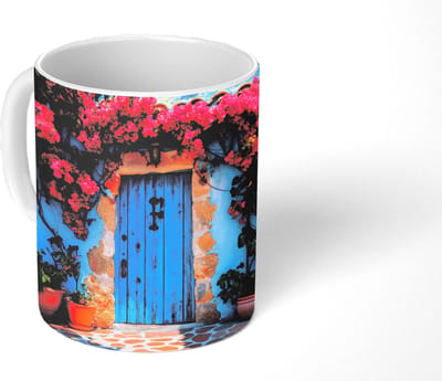 Mok - Koffiemok - Deur - Hout - Bloemen - Blauw - Mokken - 350 ML - Beker - Koffiemokken - Theemok
