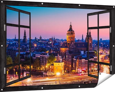 Gards Tuinposter Doorkijk Amsterdam Skyline bij Zonsondergang - 150x100 cm - Tuindoek - Tuindecoratie - Wanddecoratie buiten - Tuinschilderij