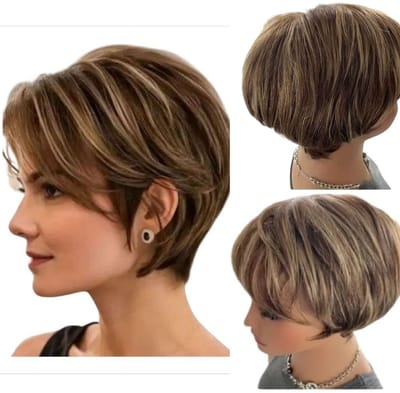 Dames Pruik Kort Haar –4/27 Highlights – Braziliaanse Remy – 100% Human Hair – 6 cm (15 inch) – none lace wig – steil Zomermodel- Frazimashop