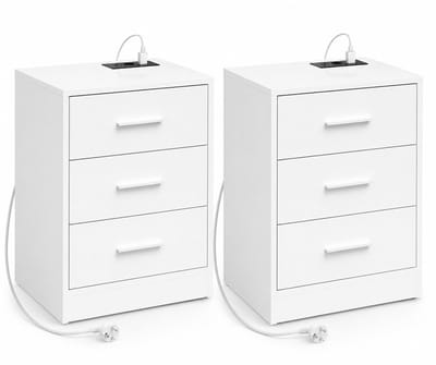 ITRONIQ Nachtkastjes Set van 2 Wit - Met Stopcontact en USB - 3 Lades - Modern Nachtkastje Slaapkamer - 39x28,5x54,5 CM