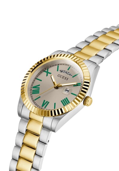 Guess Connoisseur Quartz Analoog Horloge Zilverkleurig En Goudkleurig Kast Gemaakt Van 100% Roestvrij Staal En Een Armband Van 100% Roestvrij Staal 42 GW0265G10, GW0265G12, GW0265G14, GW0265G15