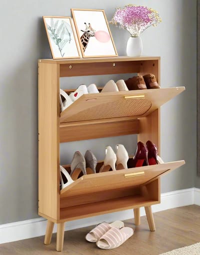 Schoenrek - Schoenenkast - Modern Minimalistisch - PVC Rotan - 60 x 16,8 x 87,7 cm - Houtkleur - 2 Openklapbare Laden