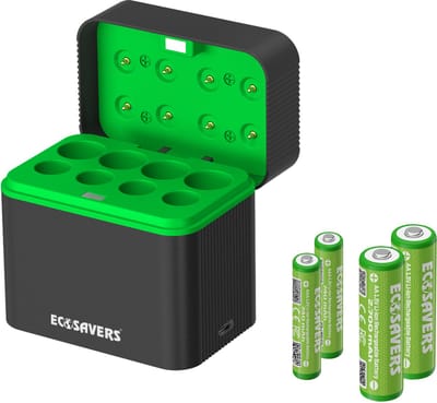 EcoSavers Lithium AA en AAA Batterijlader | inclusief 2 oplaadbare lithium AA 1.5V en 2 oplaadbare lithium AAA 1.5V batterijen