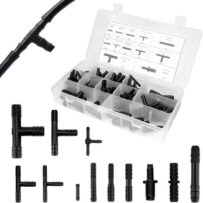 T-connectorset van 12 maten voor slangaansluitingen, universele aansluitkit voor auto, tuinirrigatie en druppelslang, 113 stuks in zwart