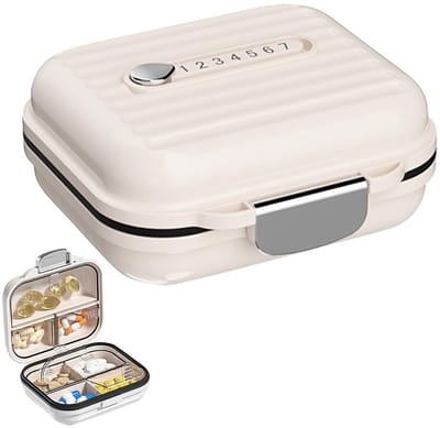 Dailygoods- Medicijnbox Draagbaar - Pillenorganizer - 7-vakken - Mini-ehbo doos - Crèmekleurig - 3,5 × 7,5 × 7,8 cm