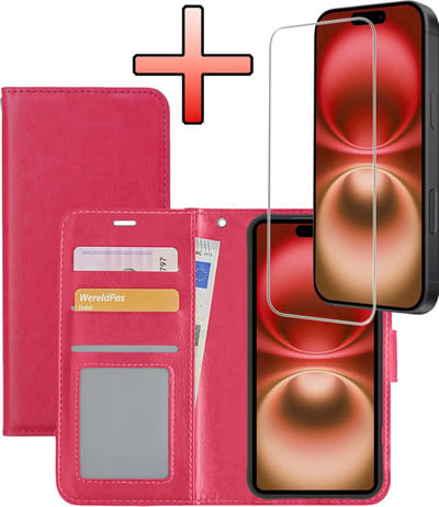 Hoesje - Met Screenprotector - Geschikt voor Apple iPhone 16 - Luxe Pasjeshouder - Bookcase Portemonee - Flip Case - Kunstleer Book Case - Flipcase - Book Cover - Walletcase - Portemonneehoes - Donkerroze