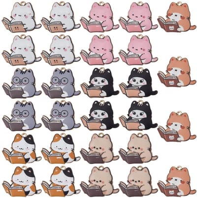 28 stuks 7 kleuren lezen kat emaille bedels legering emaille schattige kitten hangers kat dier bengelen bedels met licht gouden lus voor doe-het-zelf ketting armband oorbel ambachtelijke