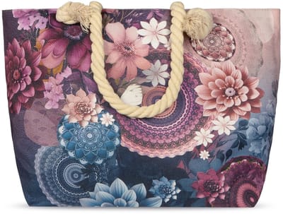 Strandtas 43x60 cm - Mandala en Bloemenprint - Multi - Oeko-Tex Gecertificeerd - 100% Polyester Linnen - Stijlvolle Strandtas met Touw Handvat