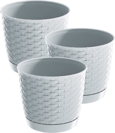 3x stuks ronde gevlochten plantenpotten/bloempotten kunststof dia 14.5 cm en hoogte 12.5 cm in het parel wit