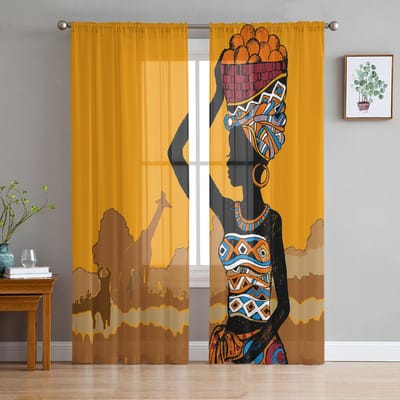 Zwarte Vrouw Giraffe Transparant Gordijn Voor Slaapkamer Tule Voile Gordijn Voor Keuken Woonkamer Decoratie Raambekleding 135W x 114H(cm) orange