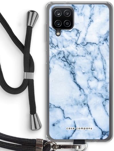 Case Company® - Hoesje met koord geschikt voor Samsung Galaxy A12 hoesje met Koord - Blauw marmer - Telefoonhoesje met Zwart Koord - Bescherming aan alle Kanten en Over de Schermrand