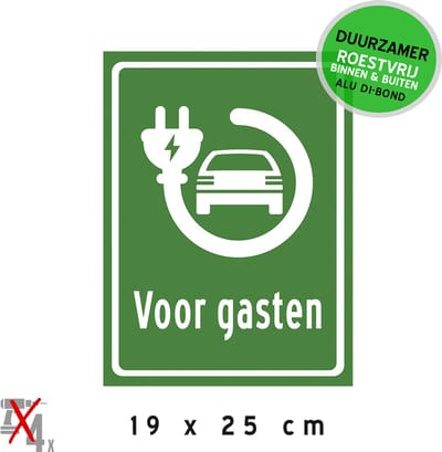 Pictogram/ bord Dibond | Laadpaal - "Voor gasten" | 19 x 25 cm | Laadplek | Auto opladen | Oplaadstation | Laad station | Opladen | Groen | Vrijhouden | Duurzaam | 1 stuk