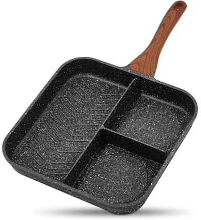 Diepe Antiaanbak Koekenpan met Verdeeld Compartiment - 35.5cm, 3-delig, Granieten Coating, Geschikt voor Gas, Electric, en Inductie