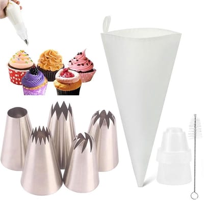 Set van 8 professionele, herbruikbare spuitzakken, inclusief 5 grote roestvrijstalen spuitmondjes voor taarten, gebak, koekjes, cupcakes en macarons - Spuitzak met grote spuitmondjes en accessoires voor het bakken