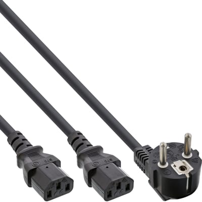 2x C13 - CEE 7/7 (haaks) Y-stroomkabel - 0,50m + 2x 0,50m - 3x 1,00mm / zwart - 1 meter