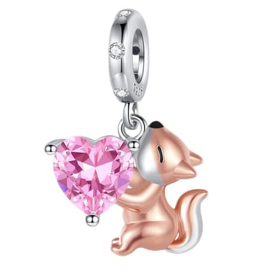 Fler® | Bedel | Past op populaire bedelarmbanden (standaard - 3mm) | Eekhoorn met Hart Bedel | Hangbedel Charm | 925 sterling zilver | Roze & Transparante zirkonia | Armband Kraal | Valentijnsdag Cadeau | Sinterklaas kado | Kerstcadeau | Verjaardag