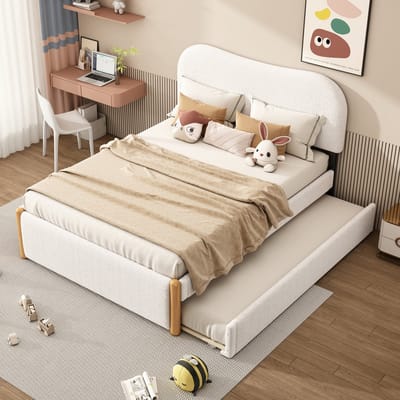 Plat bed van 140x200 cm - gestoffeerd met praktisch uitschuifbaar opklapbed - minimalistisch design - wit