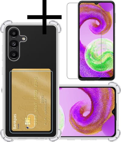 Hoesje - Geschikt voor Samsung Galaxy A04s - Met Screenprotector - En Pashouder - En Kaarthouder - Telefoon Hoes Shockproof - Siliconen Case - Back Cover - Shock Proof - Pasjes Houder - Transparant
