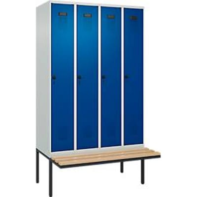 C+P Evolo Plus garderobekast, 4 vakken, elk 300 mm breed, zwevende bank, B 1200 x D 815 x H 2120 mm, draaischroef, lichtgrijs/enziana blauw