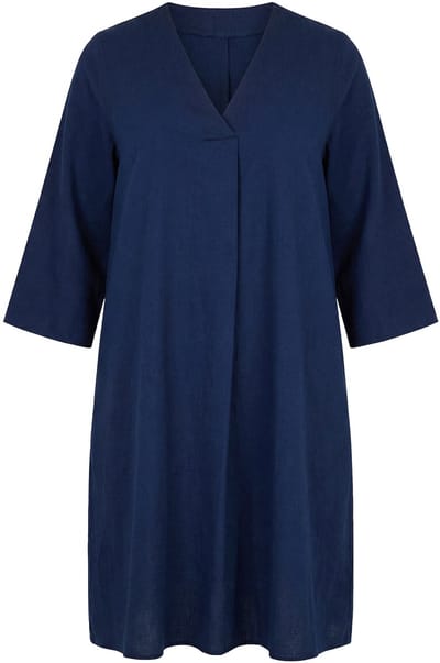 Ulla Popken - Dames - Jersey jurk sierplooi V-hals 3/4-mouwen zakken - Donkerblauw denim - Maat 50+