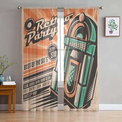 Retro Feestuitnodiging Ontwerp Chiffon Transparante Gordijnen voor Woonkamer Slaapkamer Keukendecoratie Raam Voiles Tule Gordijn 135W x 114H(cm)