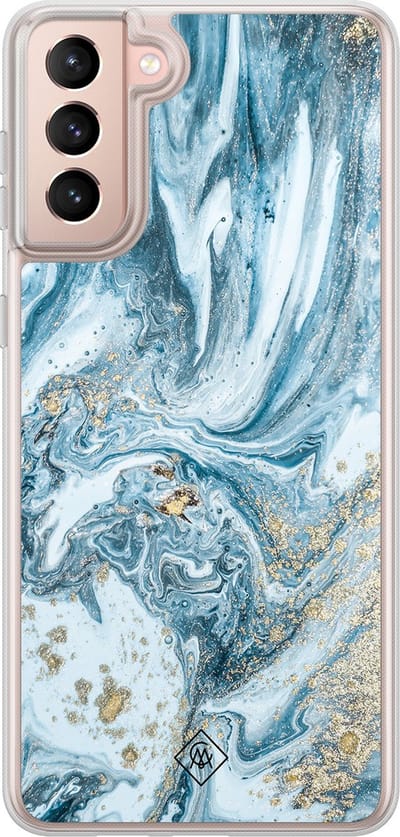Casimoda® hoesje - Geschikt voor Samsung Galaxy S21 - Marble Sea - 2-in-1 case - Schokbestendig - Marble design - Verhoogde randen - Blauw, Transparant
