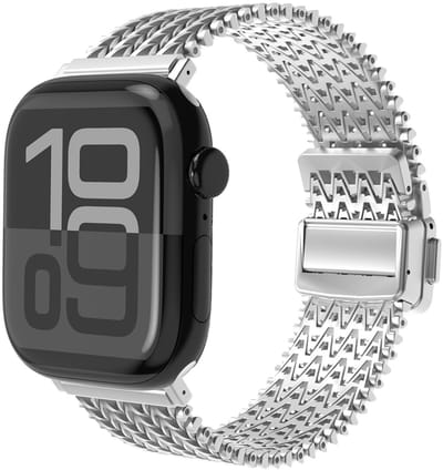 Stravo Zwaar Milanese Horlogebandje met V-vormige Mesh – Veilige Magneetsluiting – Geschikt voor Apple Watch 46mm (Series 11/10), 45mm (Series 9/8/7), 44mm (Series 6/5/4, SE 3/2/1), 49mm (Ultra 3/2/1) – Zilver