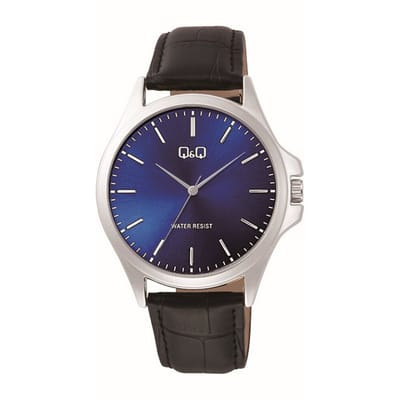 Q&Q C36A-012PY - Horloge - Analoog - Mannen - Heren - Leren band - Rond - Metaal - Cijfers - Zwart - Zilverkleurig - DonkerBlauw