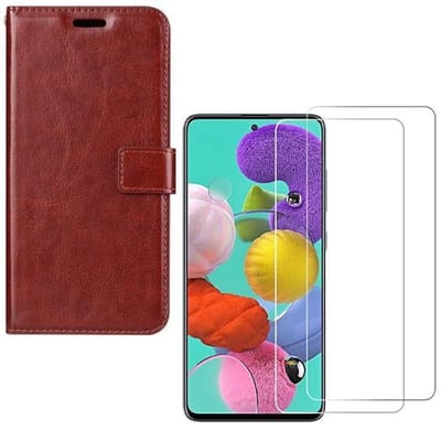 hoesje Geschikt voor: Samsung Galaxy A71 Portemonnee bruin met 2 stuks Glas Screen protector