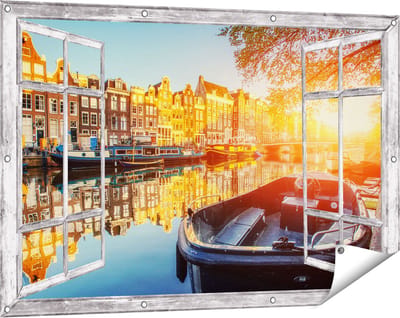 Gards Tuinposter Doorkijk Amsterdamse Brug - Gracht - met Bloemen - 120x80 cm - Tuindoek - Tuindecoratie - Wanddecoratie buiten - Tuinschilderij