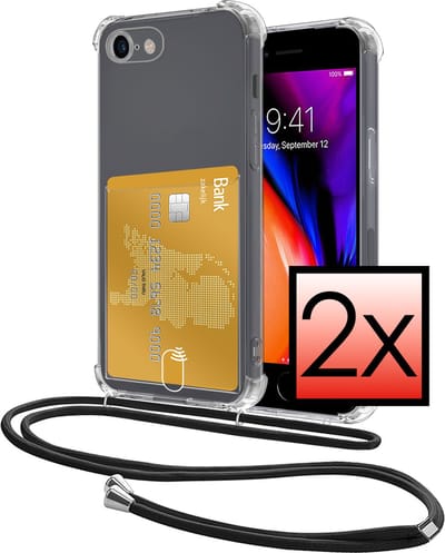 Hoes Geschikt voor Apple iPhone 7 Hoesje Pasjeshouder Cover Met Koord Shock Proof Case Siliconen Hoes Met Telefoonkoord en Kaarthouder - Transparant - 2 PACK