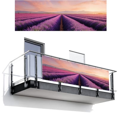 Balkonscherm 300x100 cm - Balkonposter Lavendelveld - Zonsondergang - Paars - Bloemen - Balkon scherm decoratie - Balkonschermen - Balkondoek zonnescherm