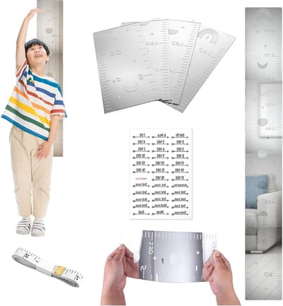 Groeimeter Spiegel voor de Muur, 120x15cm Acryl Groeimeter met Stickers en Meetlint voor Kinderen, Ideaal voor Kinderkamer Decoratie en Groeimeting