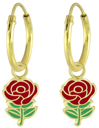 Joy|S - Zilveren bloem bedel oorbellen - rode roosje oorringen - gold plated