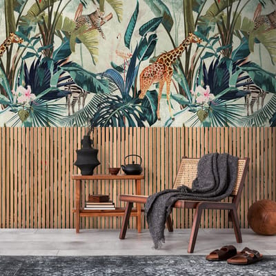 Fotobehang Profhome 398531-GU vliesbehang hardvinyl warmdruk in reliëf glad in hout look mat beige groen bruin blauw 1,59 m x 2,8 m