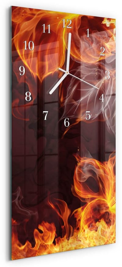 Tulup Wandklok - Bloemen van Vuur Decoratieve Glazen Klok - 30x60 cm - Oranje Glazen Wandklok Design - Witte Handen - Rechthoekige Wandklok - Wandklok Glas Decoratie - Gekleurde Glazen Klok