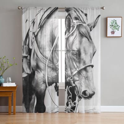 Zwart Wit Paard Aquarel Print Tule Doorschijnend Raamopening Gordijnen voor Woonkamer Keuken Kinderkamer Ruimte Voile Hanggordijn 1 PCS W100XH250cm&Rod Pocket