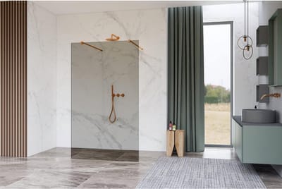 FugaFlow Eccelente Vetro Vrijstaande inloopdouche badkamer - 100x200cm - Rookglas - antikalk - 8mm veiligheidsglas - met wandarmen - Koper geborsteld -