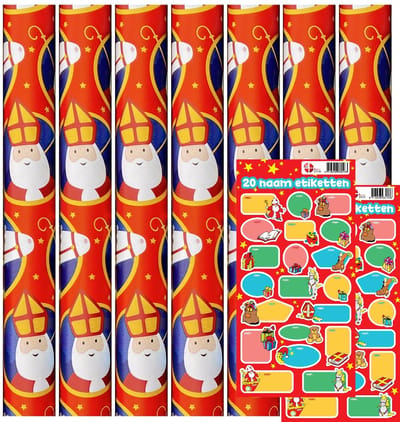 Sinterklaaspapier Pakpapier inpakpapier - 3 meter x 70 cm - 7 rollen - Incl. 40 Sint Naamstickers