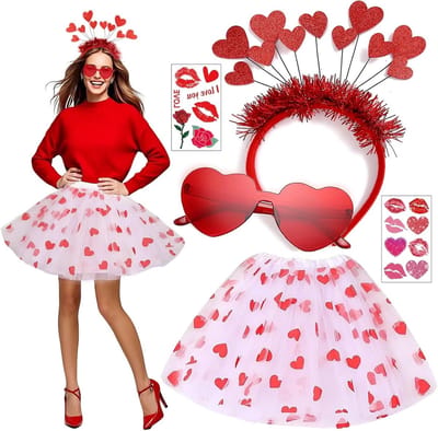 Carnaval Kostuum voor Vrouwen met Glanzende Hart Hoofdband, Rode Hart Zonnebril en Witte Tutu Rok voor Valentijnsdag en Feestjes
