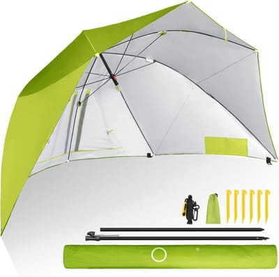 Aurixi® Strandparasol & Tuinparasol - Met Draagtas – Parasol - Hoge UV Bescherming 99% / UPF 50+ - Strandschelp met Ramen – Voor 2/3 Personen – Windscherm - Groen- ‎ 270cm x 150cm x 126cm