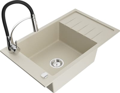 Mexen Elias granieten spoelbak met 1 kom met afdruiprek en keukenmengkraan Aster, beige - 6511-69-73450-07