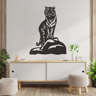 Wanddecoratie Tijger Rots - Muurdecoratie Tijger Rots - Muurdecoratie Hout - Wanddecoratie Hout - Muurdecoratie Woonkamer - Wanddecoratie Woonkamer - Wanddecoratie Industrieel - Wanddecoratie Dieren - Home Decor - Wall Line Art - 77 x 59 cm