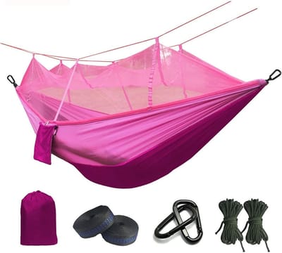 Nylon Hangmat - Kampeerhangmat Net - Buiten Ontspannen - Snel Op te Zetten - 260 x 140 cm - Paars Roze
