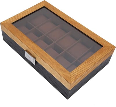 Houten horlogedoos met 12 vakken en 2-kleurendisplay - Organizer voor horloges