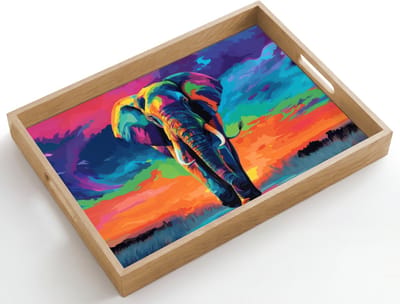 Dienblad hout 50x35 cm - Schootdienblad - Olifant - Kleurrijk - Lucht - Abstract - Borrelplank rechthoek - Plateau dienbladen